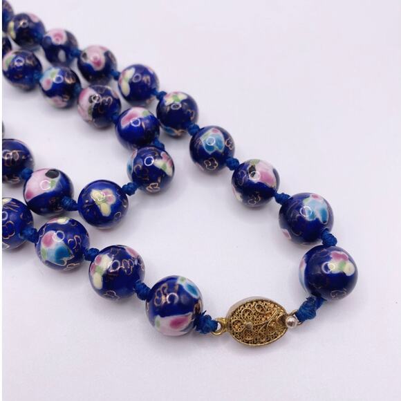 Chinese Cloisonné Cobalt Blue Flower Beaded Necklace 1940s - Picture 6 of 8